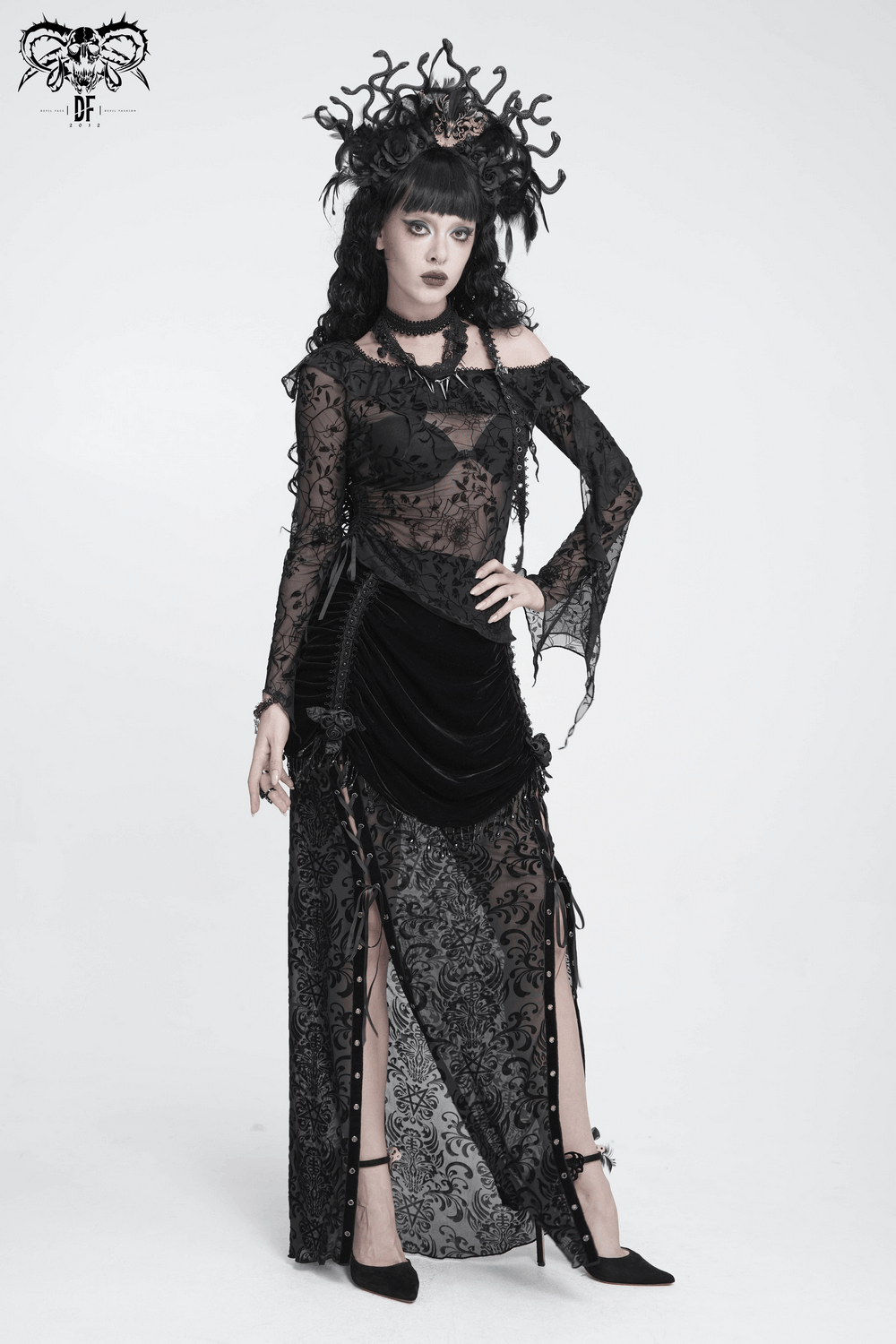 Dark Romantic Off Shoulder Mesh Top with Lace Ruffles, black gothic sheer floral spiderweb mesh top with ruffled neckline