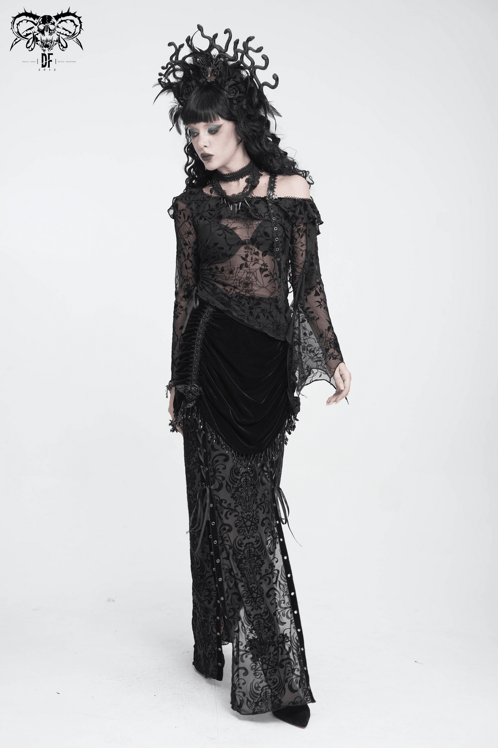 Dark Romantic Off Shoulder Mesh Top with Lace Ruffles, gothic black spiderweb mesh top with ruffled neckline