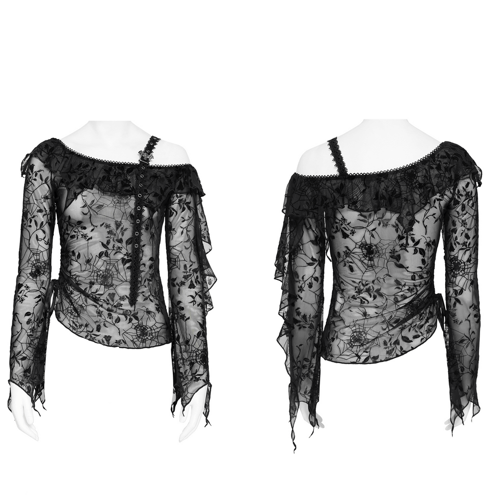 Dark Romantic Off Shoulder Mesh Top with Lace Ruffles black gothic spiderweb mesh top with asymmetrical neckline