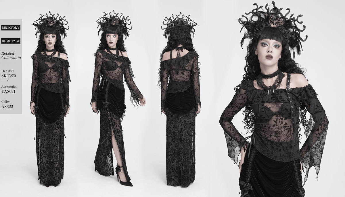Dark Romantic Off Shoulder Mesh Top with Lace Ruffles black gothic spiderweb sheer top on model