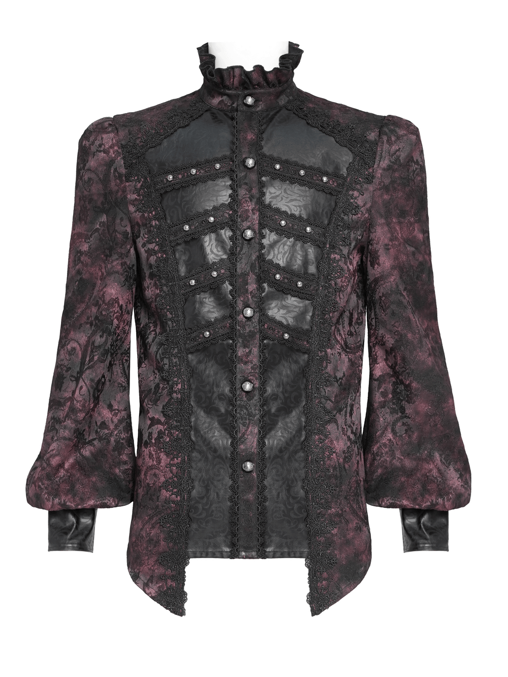 Dark Romantic Shirt with Ruffled Collar and Buttons in burgundy brocade with faux leather panels and lace trim.