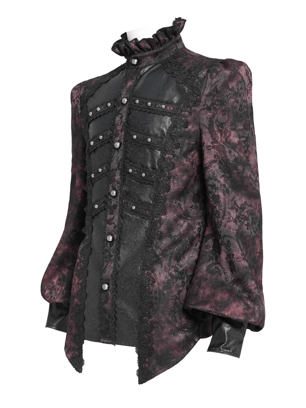 Dark Romantic Shirt with Ruffled Collar and Buttons in burgundy brocade and faux leather, featuring puffed sleeves and ornate lace.