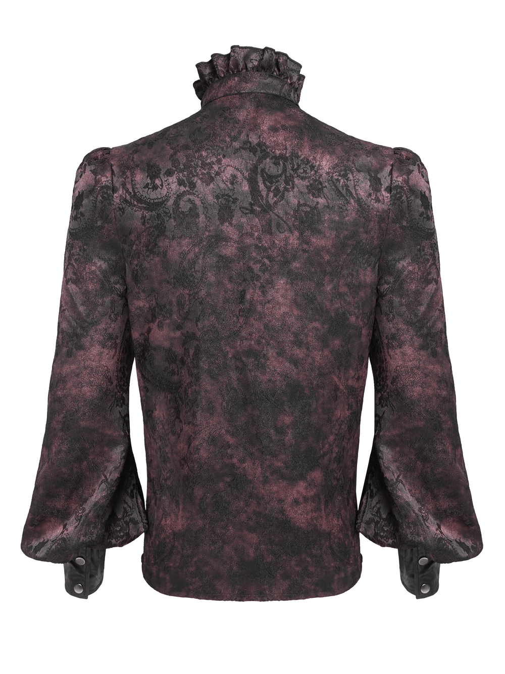 Dark Romantic Shirt with Ruffled Collar and Buttons - back view showcasing ruffled collar and puffed sleeves in burgundy brocade.
