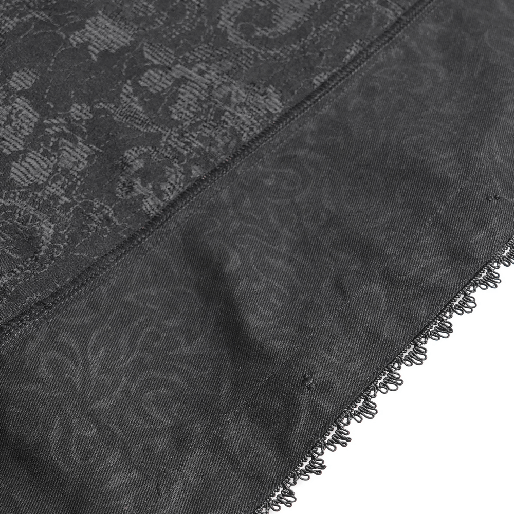 Dark Romantic Shirt with Ruffled Collar and Buttons intricate fabric detail showcasing brocade and lace trim.