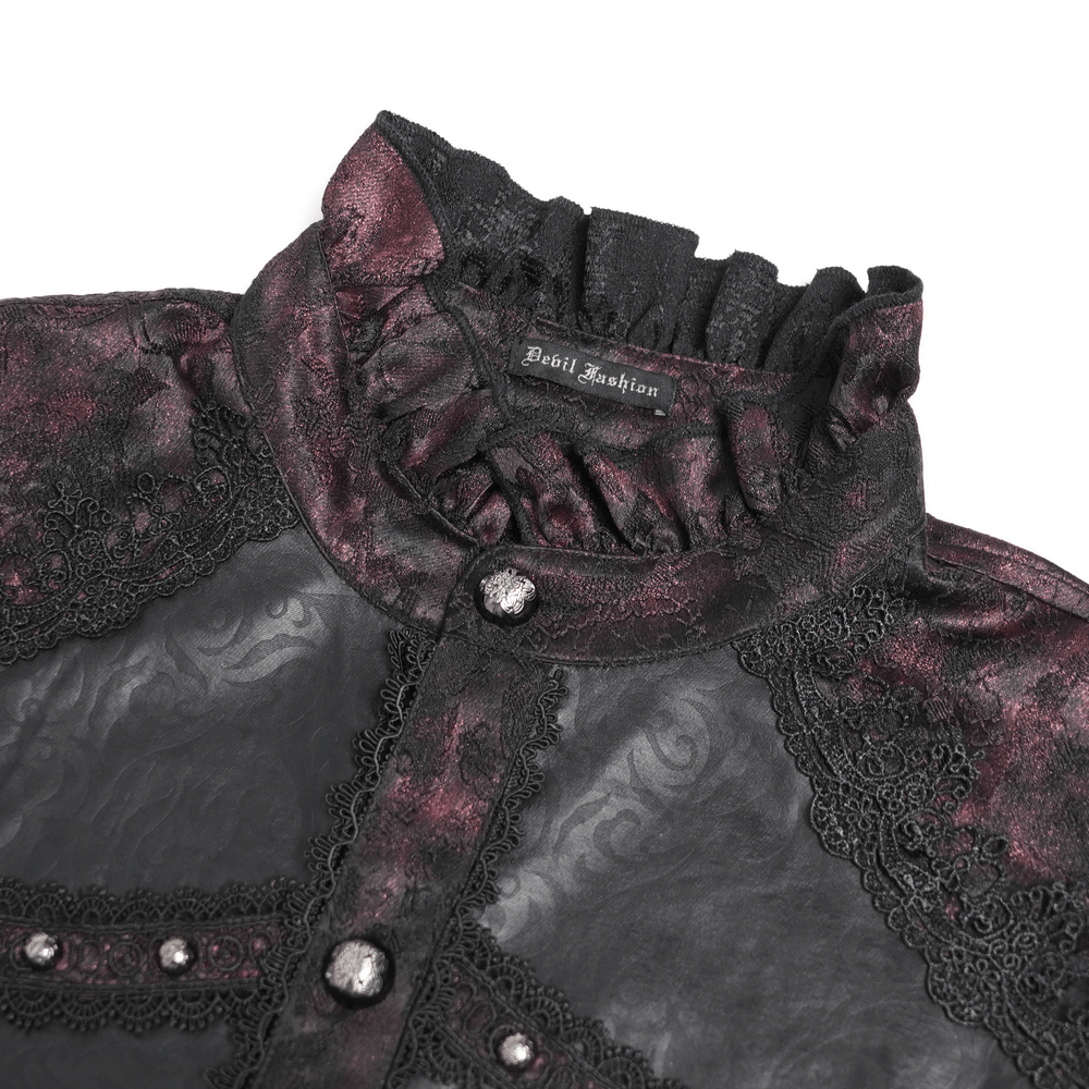 Dark Romantic Shirt with Ruffled Collar and Buttons featuring a high ruffled collar and ornate metal buttons in burgundy brocade.