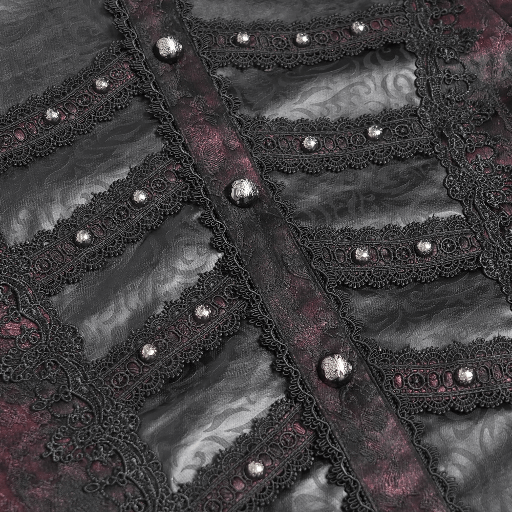 Dark Romantic Shirt with Ruffled Collar and Buttons featuring intricate lace and metallic buttons.