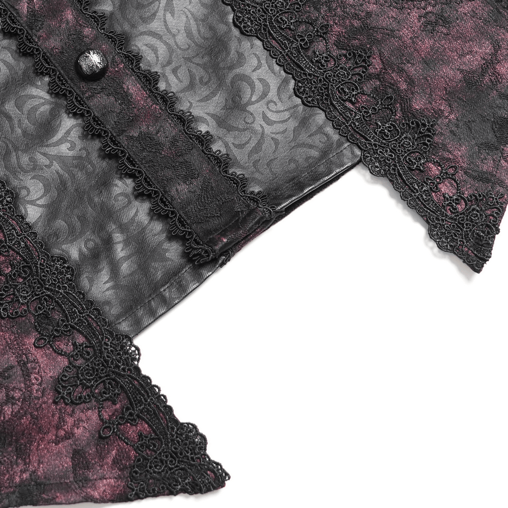 Dark Romantic Shirt with Ruffled Collar and Buttons featuring lace and brocade detail.