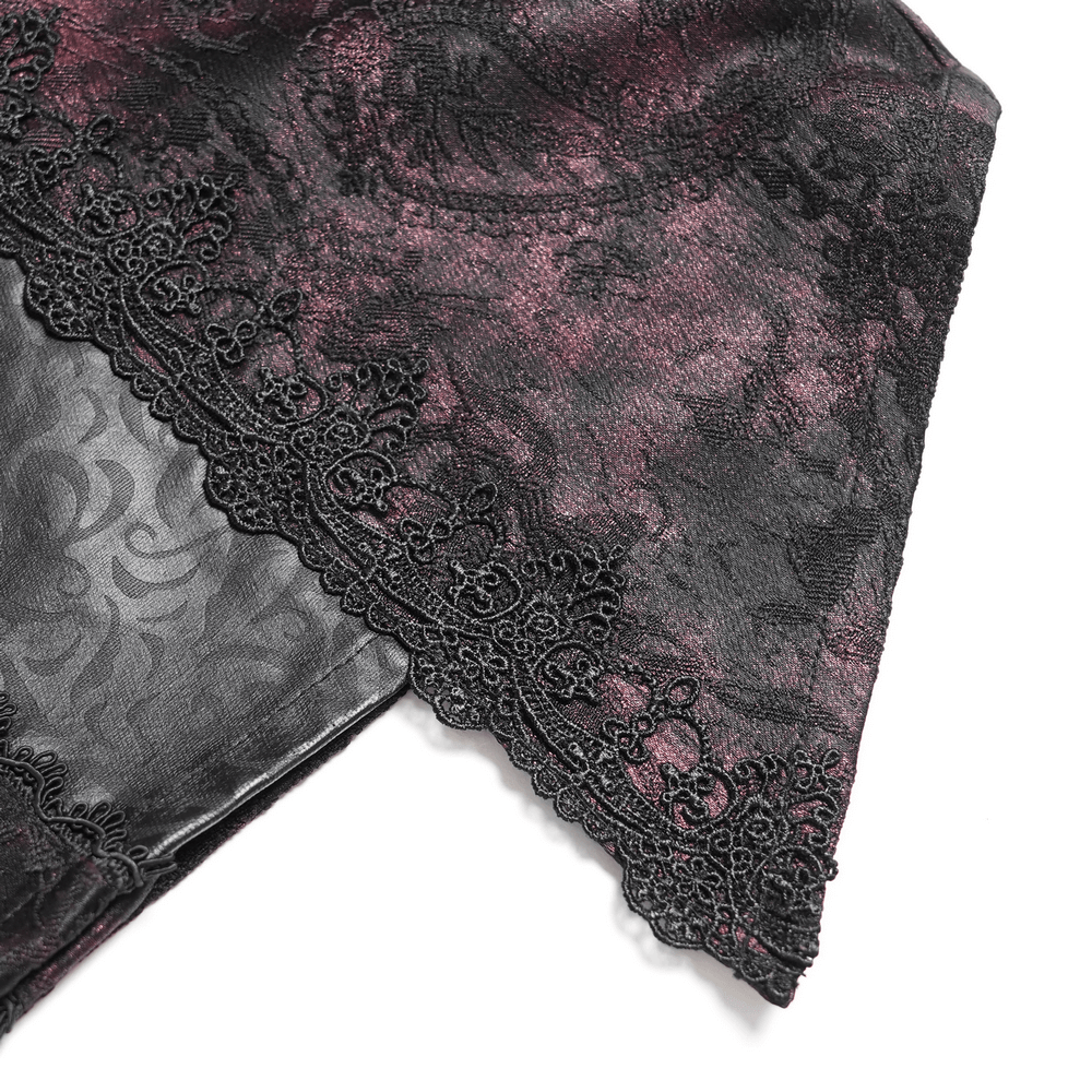 Dark Romantic Shirt with Ruffled Collar and Buttons featuring intricate lace trim and rich burgundy brocade.