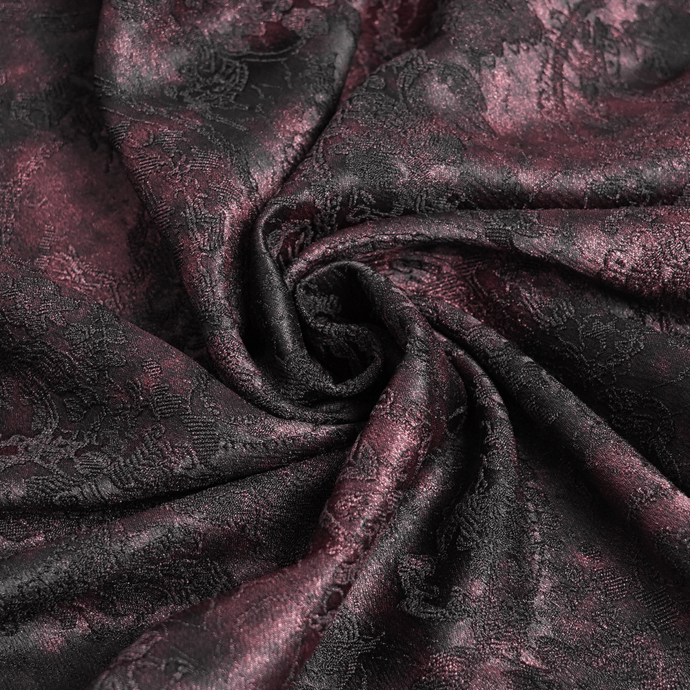 Dark Romantic Shirt with Ruffled Collar and Buttons fabric close-up in deep burgundy brocade and faux leather.