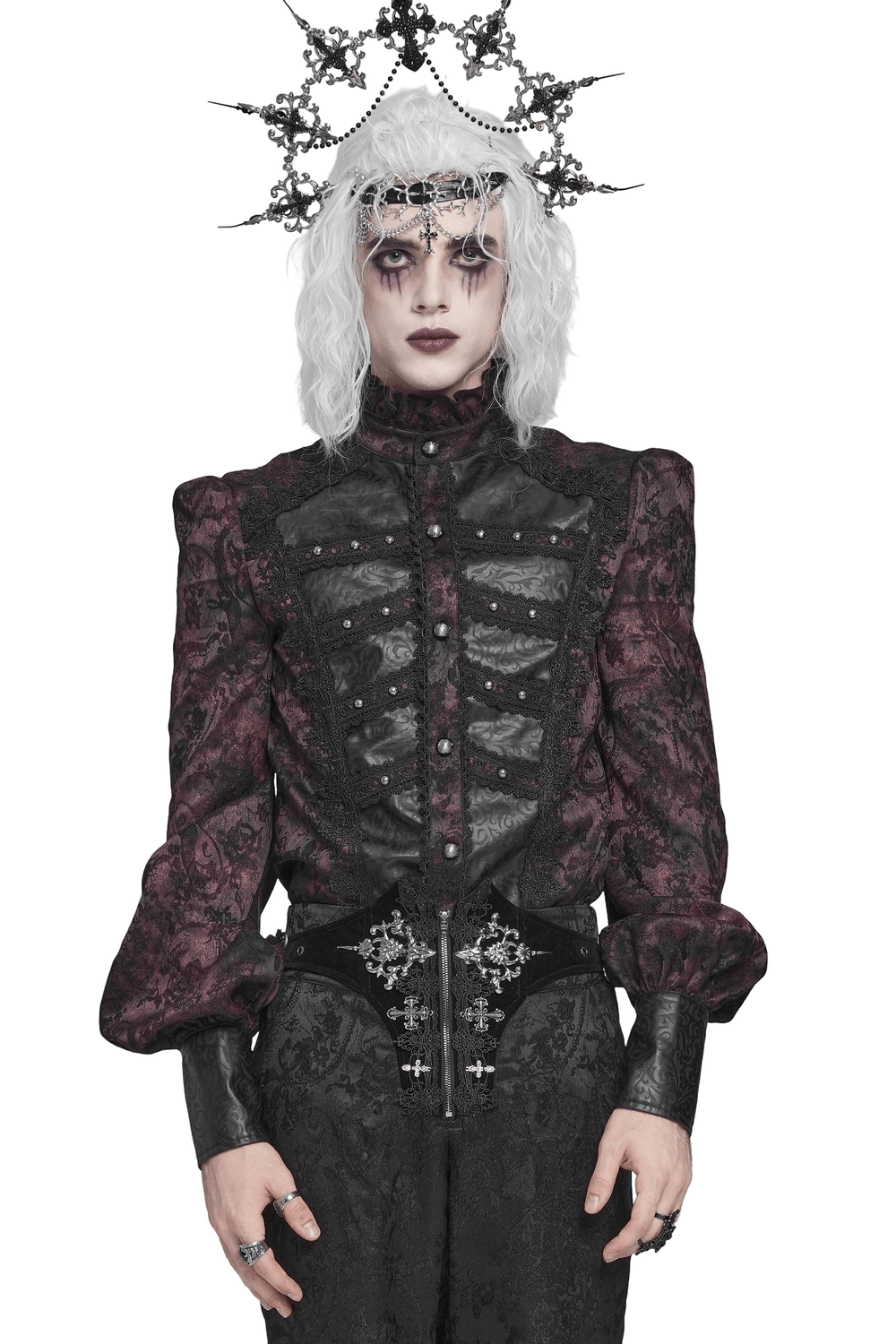 Dark Romantic Shirt with Ruffled Collar and Buttons worn by a model in gothic attire with a crown.