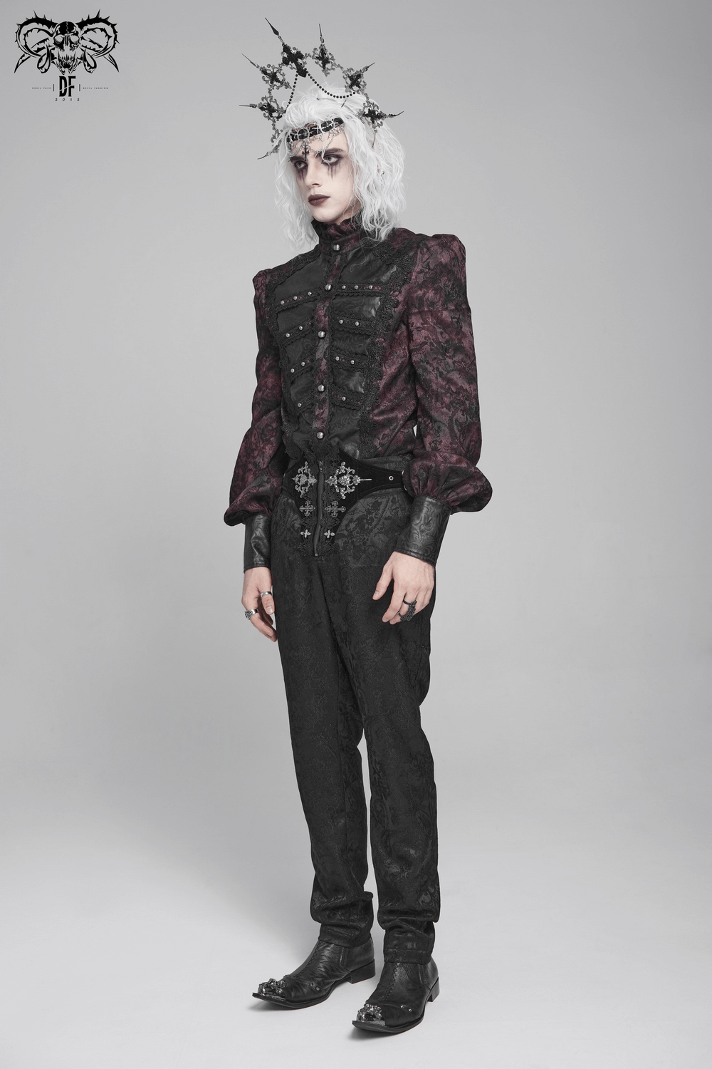 Dark Romantic Shirt with Ruffled Collar and Buttons modeled by individual in gothic attire.