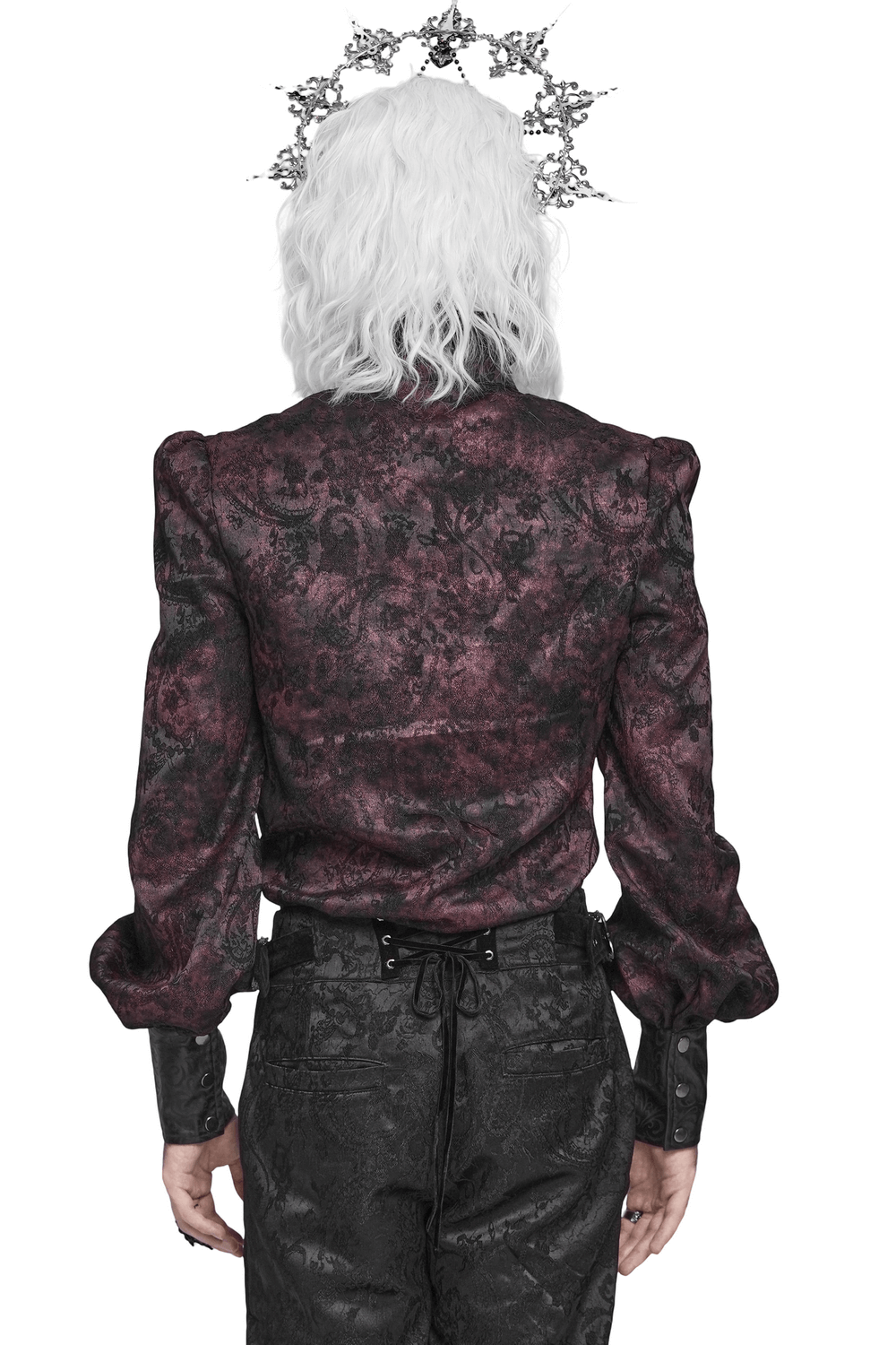Dark Romantic Shirt with Ruffled Collar and Buttons showcasing the back detail with ruffled sleeves in burgundy brocade.