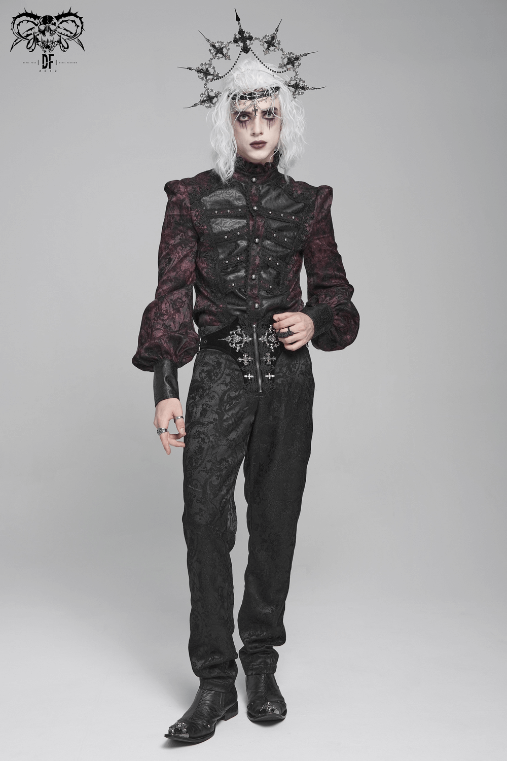 Dark Romantic Shirt with Ruffled Collar and Buttons worn with gothic accessories.