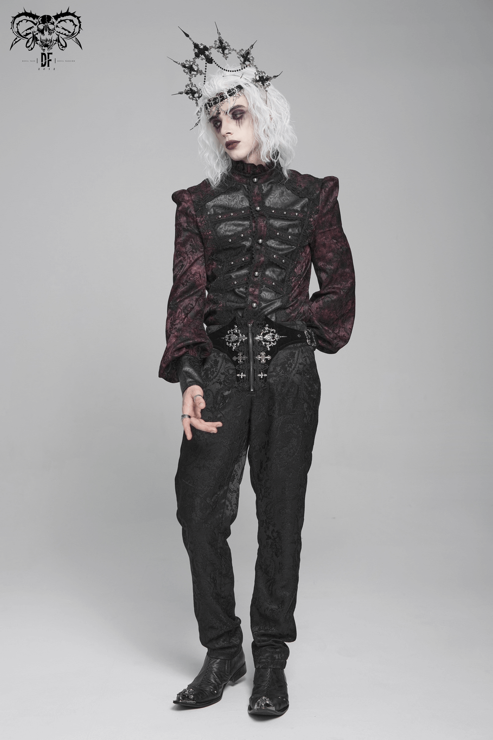 Dark Romantic Shirt with Ruffled Collar and Buttons worn by a model in gothic attire with a dramatic headpiece.