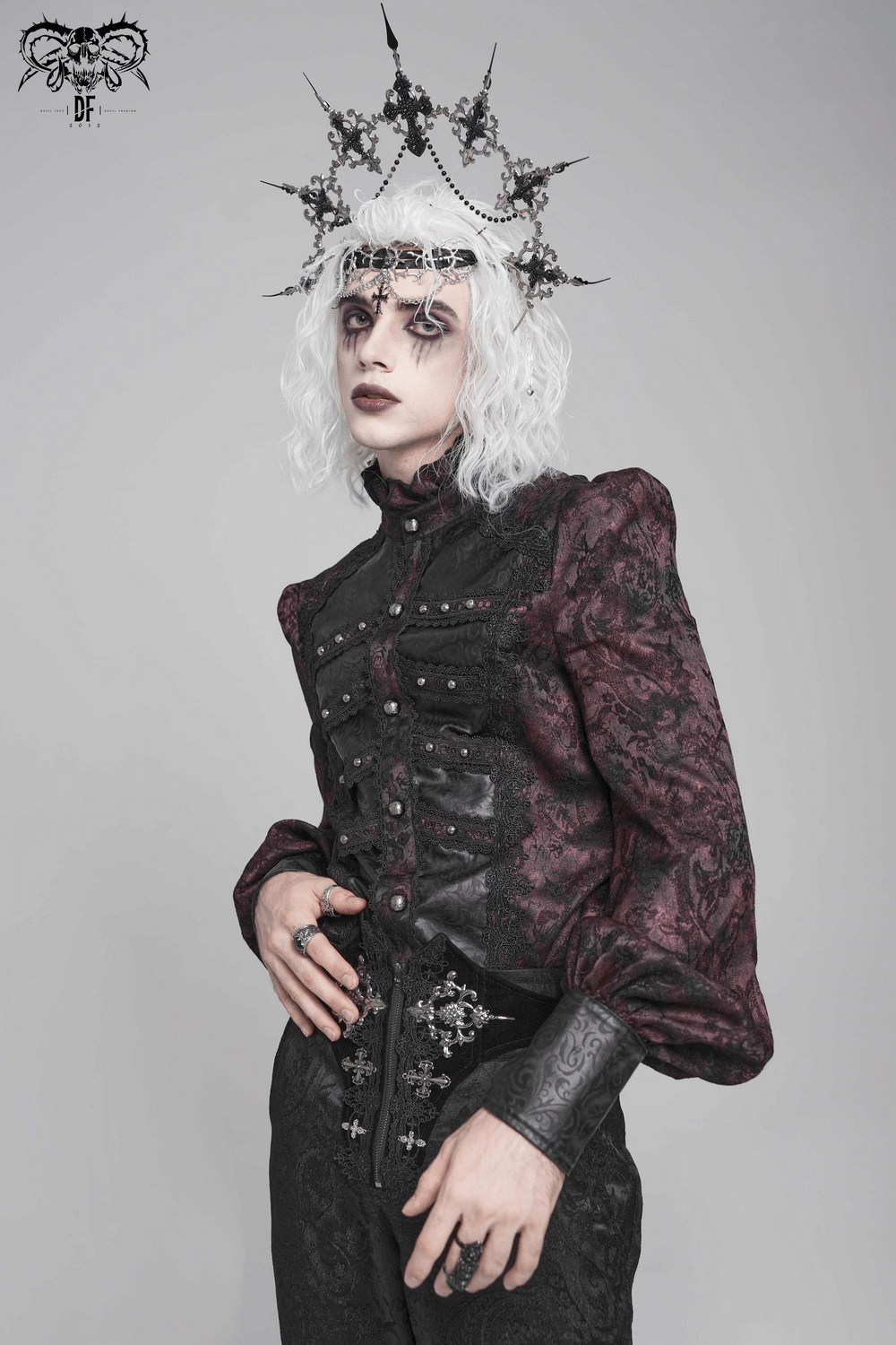 Dark Romantic Shirt with Ruffled Collar and Buttons worn with gothic accessories and a striking crown.