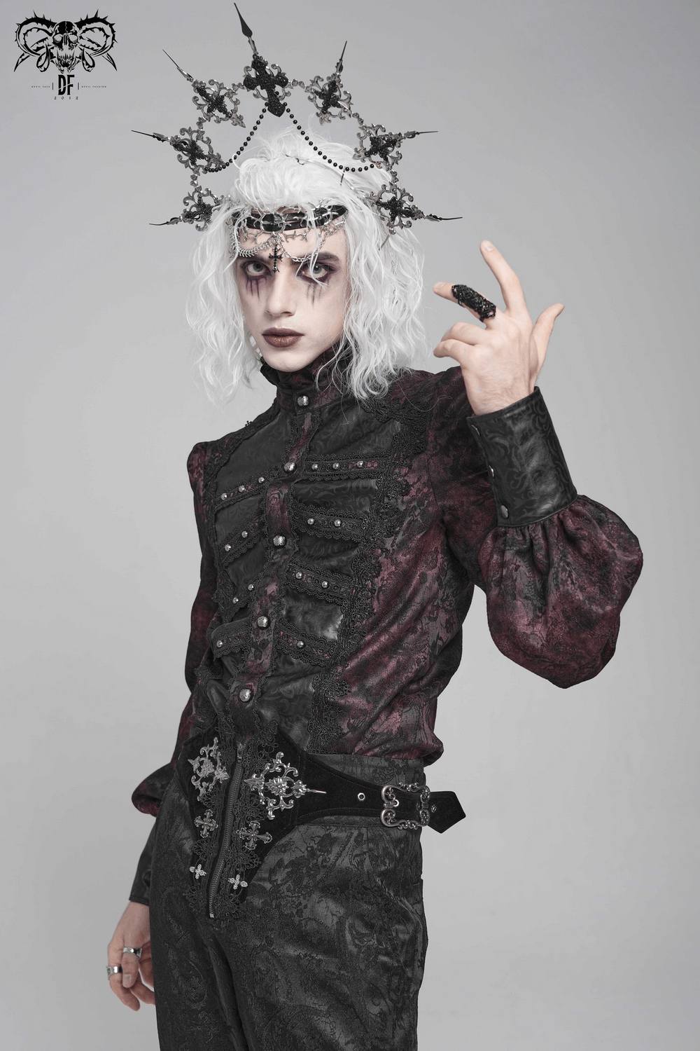 Dark Romantic Shirt with Ruffled Collar and Buttons worn by a model in gothic fashion, featuring brocade and faux leather.