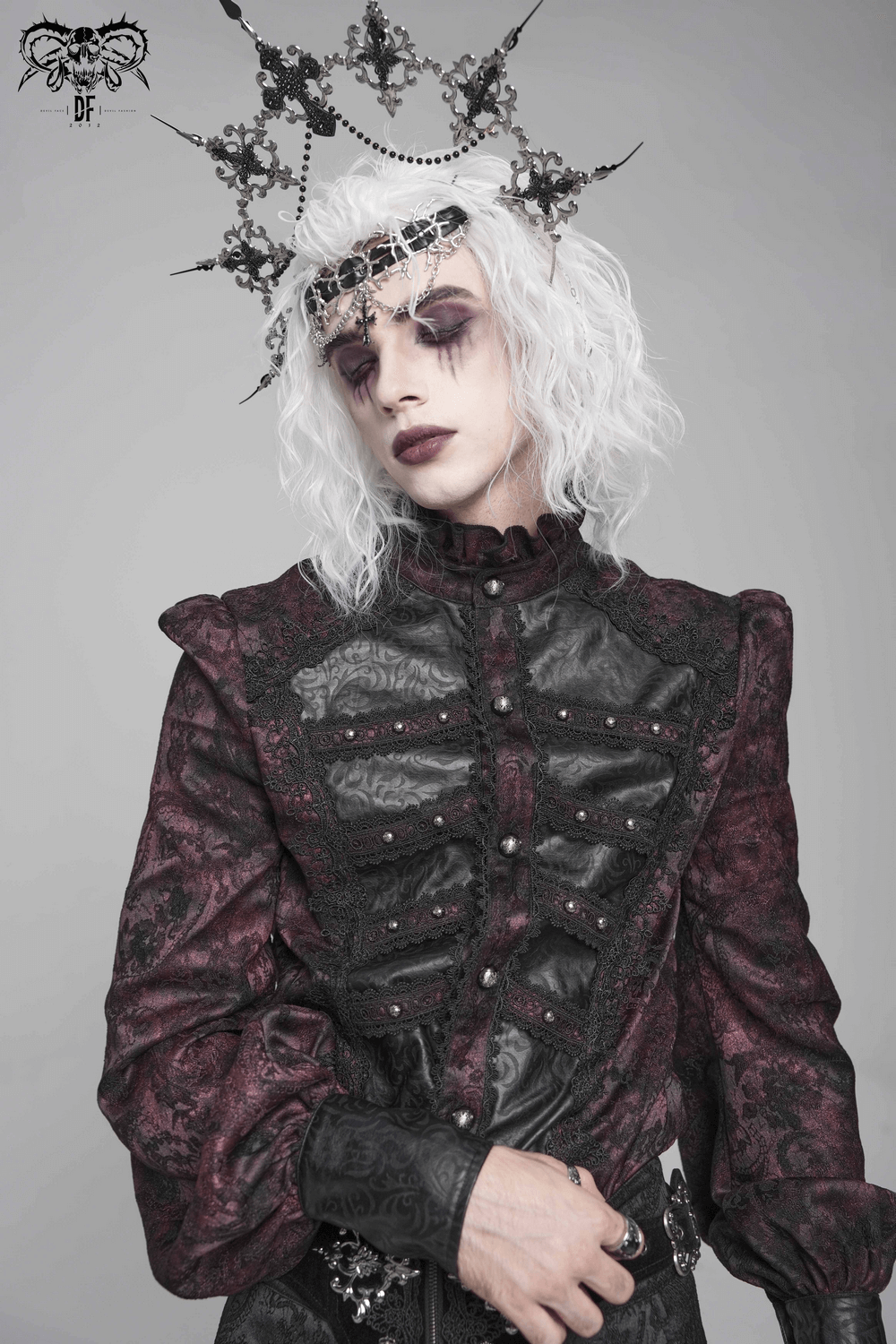 Dark Romantic Shirt with Ruffled Collar and Buttons worn by model with pale hair and gothic makeup.