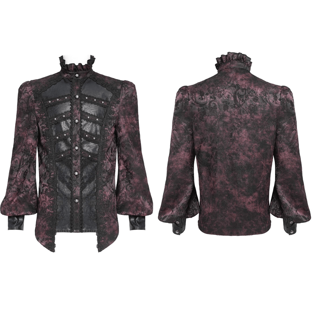 Dark Romantic Shirt with Ruffled Collar and Buttons features intricate brocade and faux leather details.