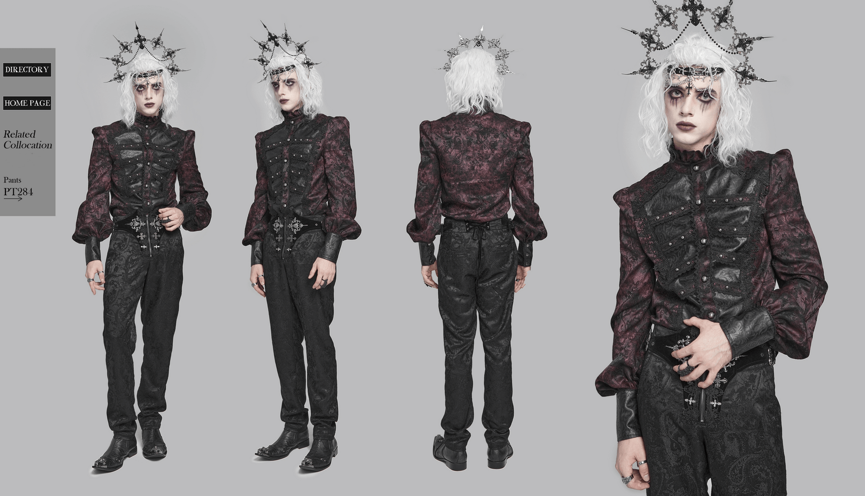 Dark Romantic Shirt with Ruffled Collar and Buttons modeled in deep burgundy brocade with faux leather.