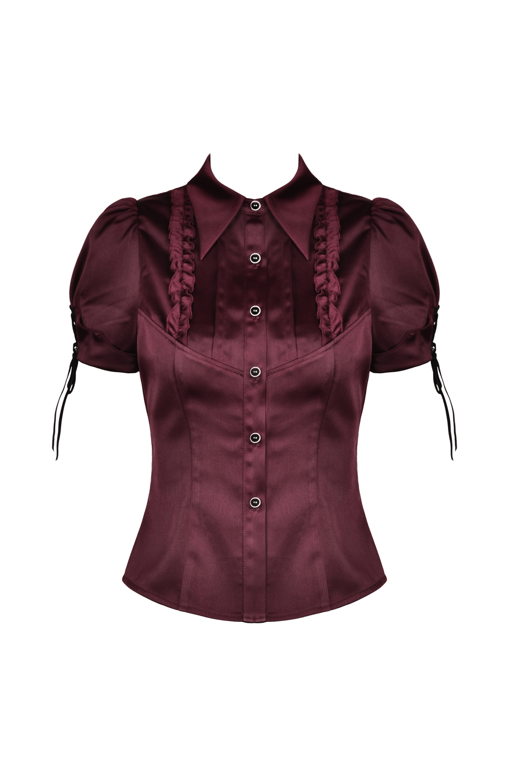 Dark romantic wine red blouse with puff sleeves, perfect for gothic style and vintage charm.