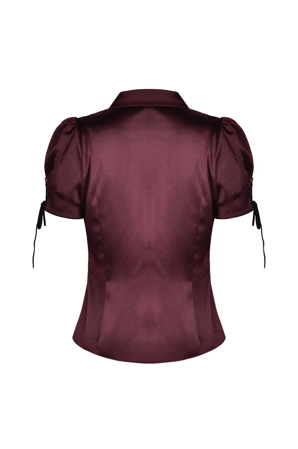 Back view of a wine red gothic blouse with Victorian-inspired puff sleeves, showcasing luxurious satin fabric.