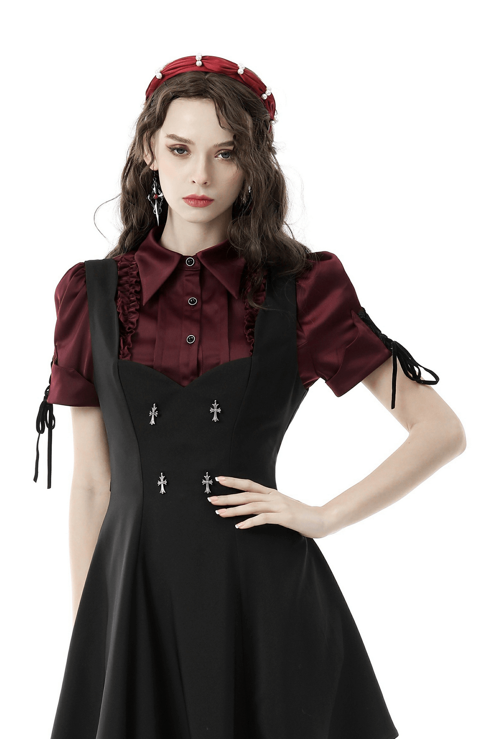 Dark romantic wine red blouse with puff sleeves, styled with a black dress for a gothic chic look.