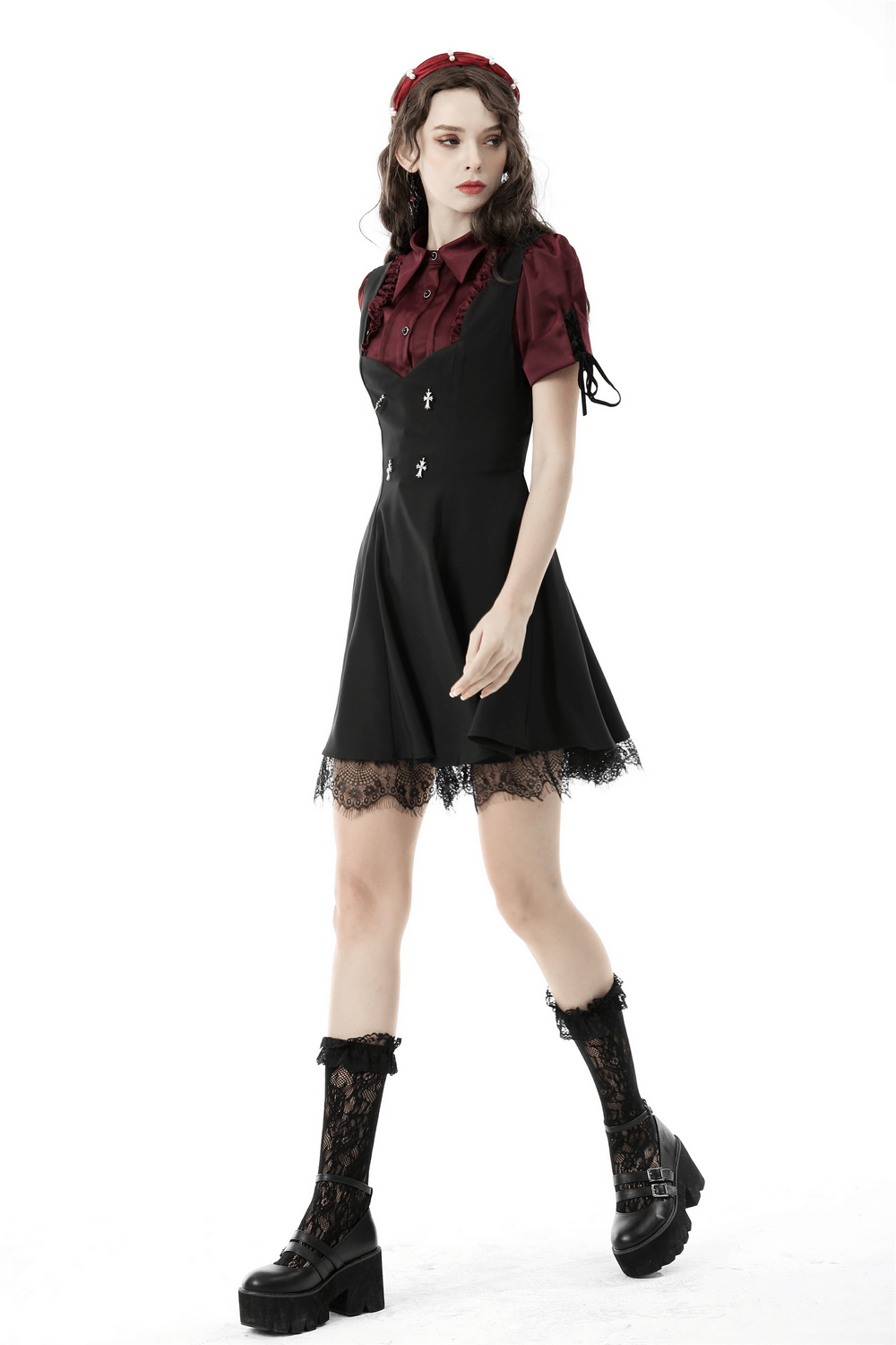 Dark romantic outfit featuring a wine red blouse and black dress with lace trim, perfect for gothic fashion lovers.