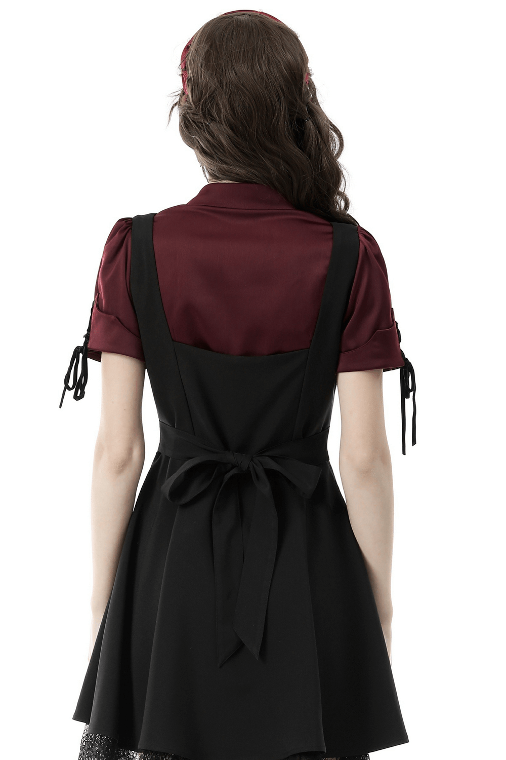 Back view of a wine red blouse with puff sleeves and black dress, showcasing a stylish gothic look.
