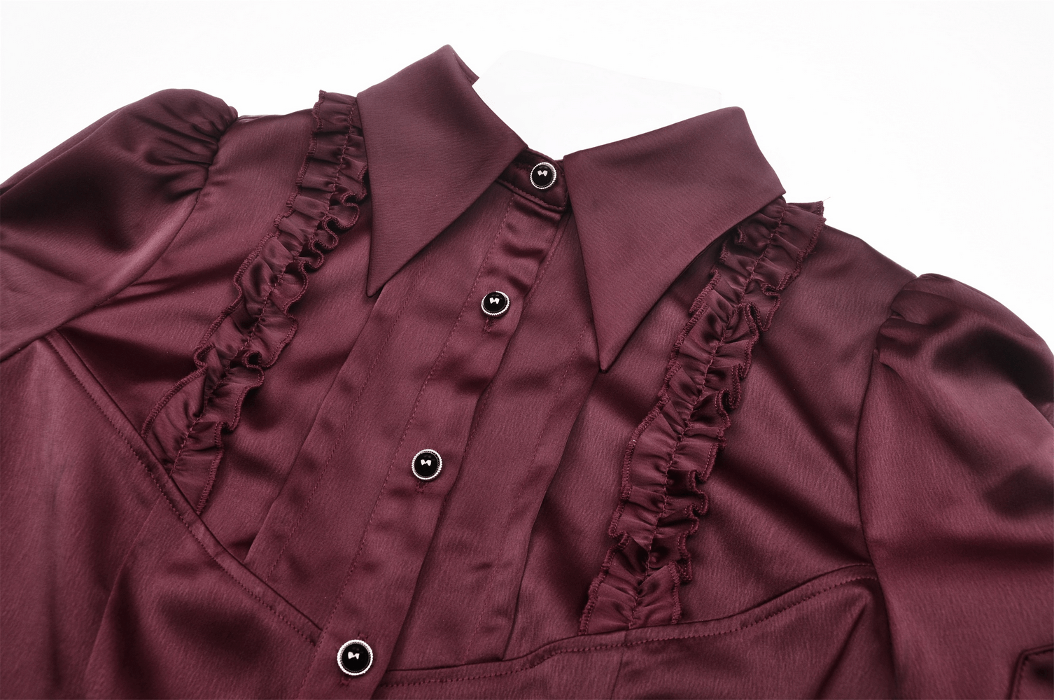 Dark romantic wine red blouse with puff sleeves and ruffled detailing, perfect for a gothic-chic style.