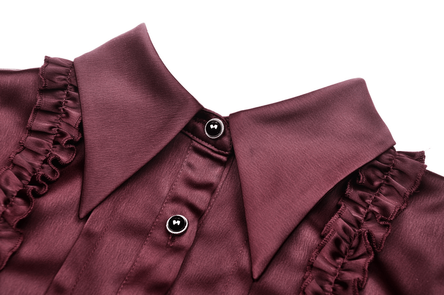 Close-up of dark romantic wine red blouse collar with ruffled details and buttons, showcasing vintage elegance.