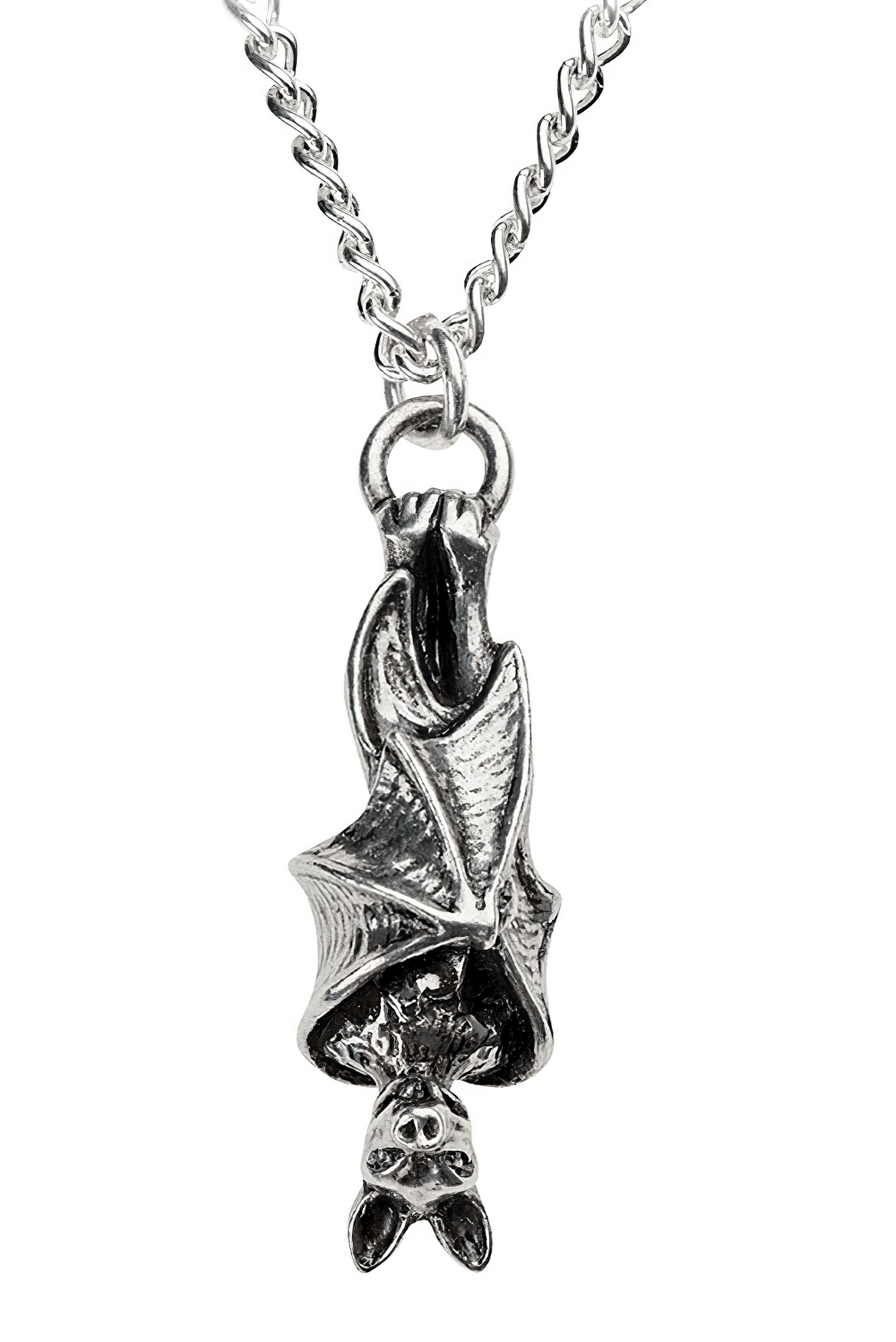 Dark roosting bat pendant necklace in antiqued pewter, perfect for gothic jewelry lovers.