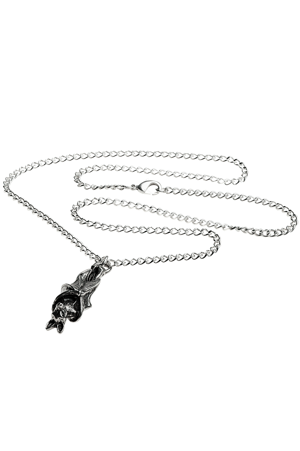 Dark Roosting Bat Gothic Pendant Necklace with detailed pewter finish, perfect for gothic fashion lovers.