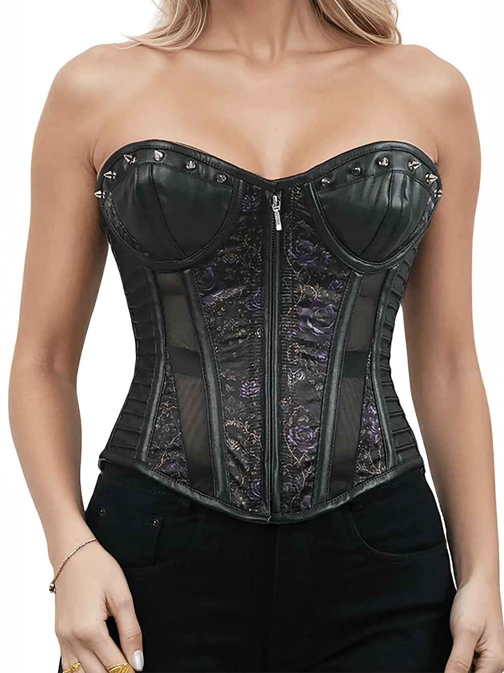 Dark Satin Floral Corset for Gothic and Evening Wear featuring deep purple roses and ornate scrolls on a dark satin base.