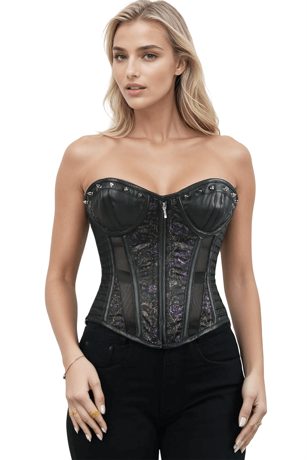 Dark Satin Floral Corset for Gothic and Evening Wear featuring deep purple roses and scrolls design.