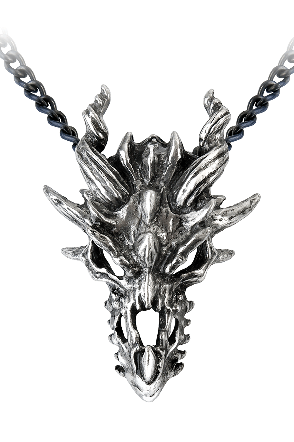 Dark spiked dragon skull pendant in antiqued pewter on gothic chain, perfect for fantasy jewelry lovers.