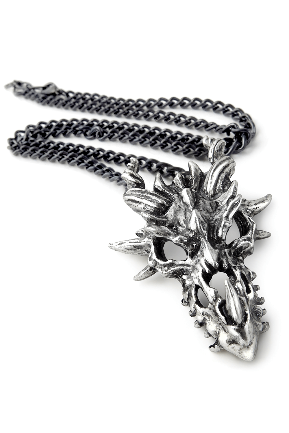 Dark spiked dragon skull pendant on a black gothic chain, embodying fantasy and primal fury.