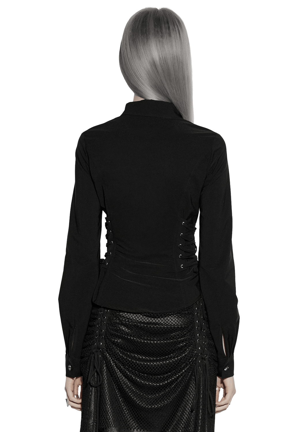 Alt Tag: Dark Stretch Slim Fit Shirt with Crosses on Collar back view, black gothic button-down with lace-up waist panels, slim fit