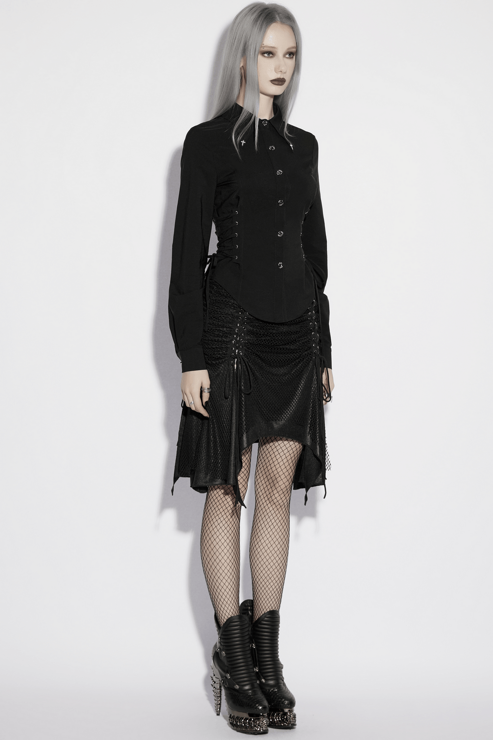 Alt Tag: Dark Stretch Slim Fit Shirt with Crosses on Collar on model, black gothic button-down with lace-up waist panels and curved hem