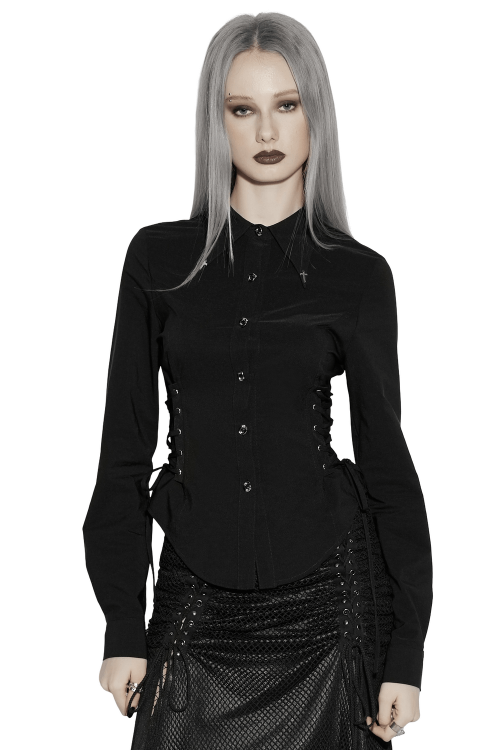 Alt Tag: Dark Stretch Slim Fit Shirt with Crosses on Collar women's black gothic button-down with lace-up waist and cross accents