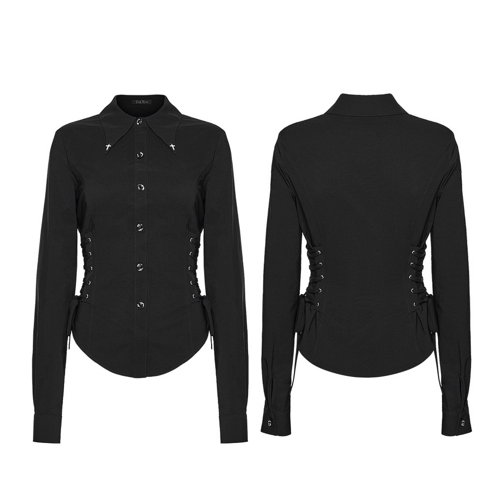 Alt Tag: Dark Stretch Slim Fit Shirt with Crosses on Collar, black women’s button-down blouse with side lace-up waist, front and back view