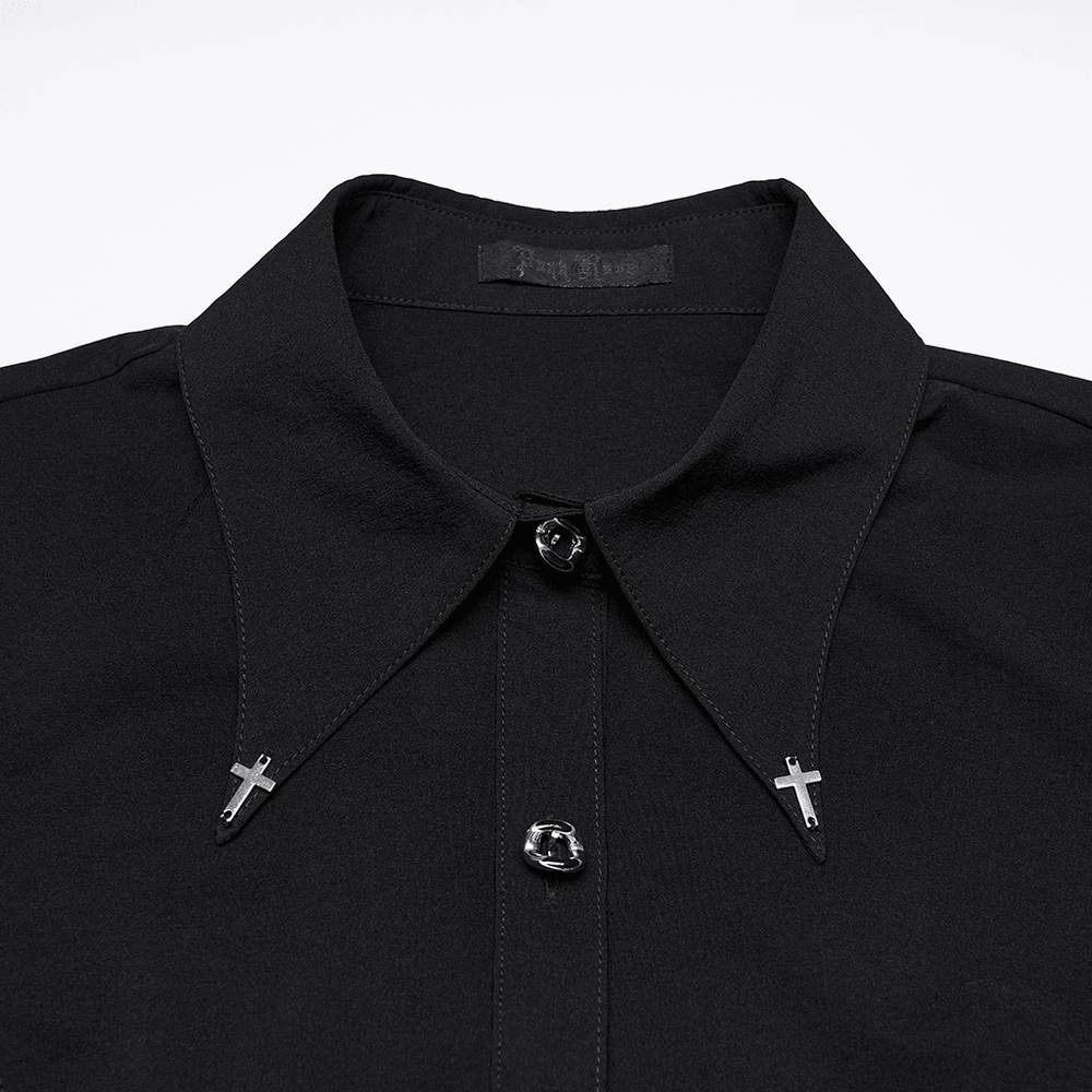 Alt Tag: Dark Stretch Slim Fit Shirt with Crosses on Collar close-up of black button-down collar with cross accents and sleek gothic details