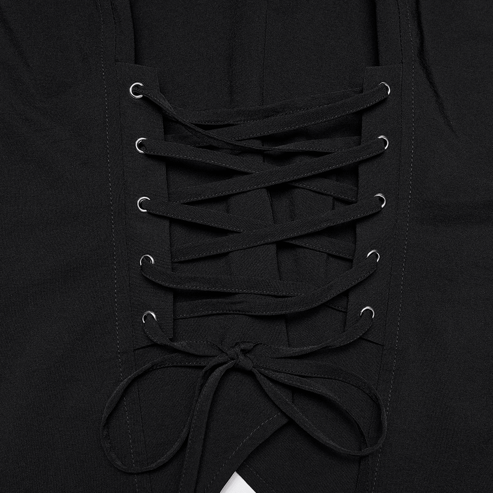 Alt Tag: Dark Stretch Slim Fit Shirt with Crosses on Collar close-up of black stretch fabric with gothic lace-up waist panel and grommets