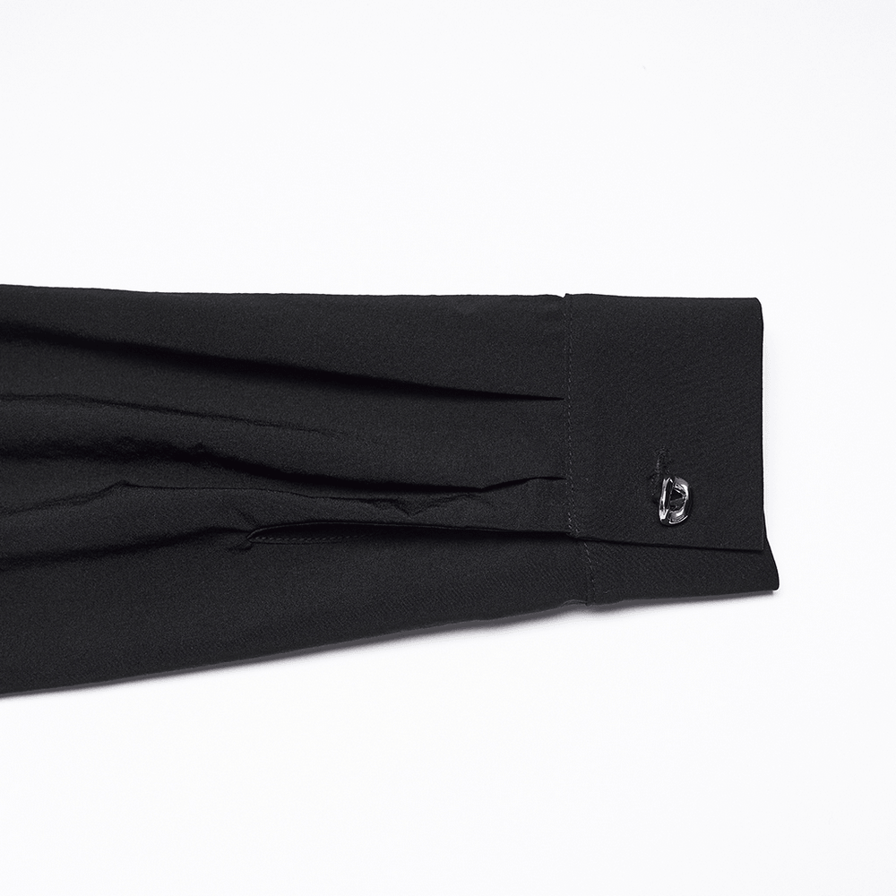Alt Tag: Dark Stretch Slim Fit Shirt with Crosses on Collar cuff detail showing black fabric pleats and button closure
