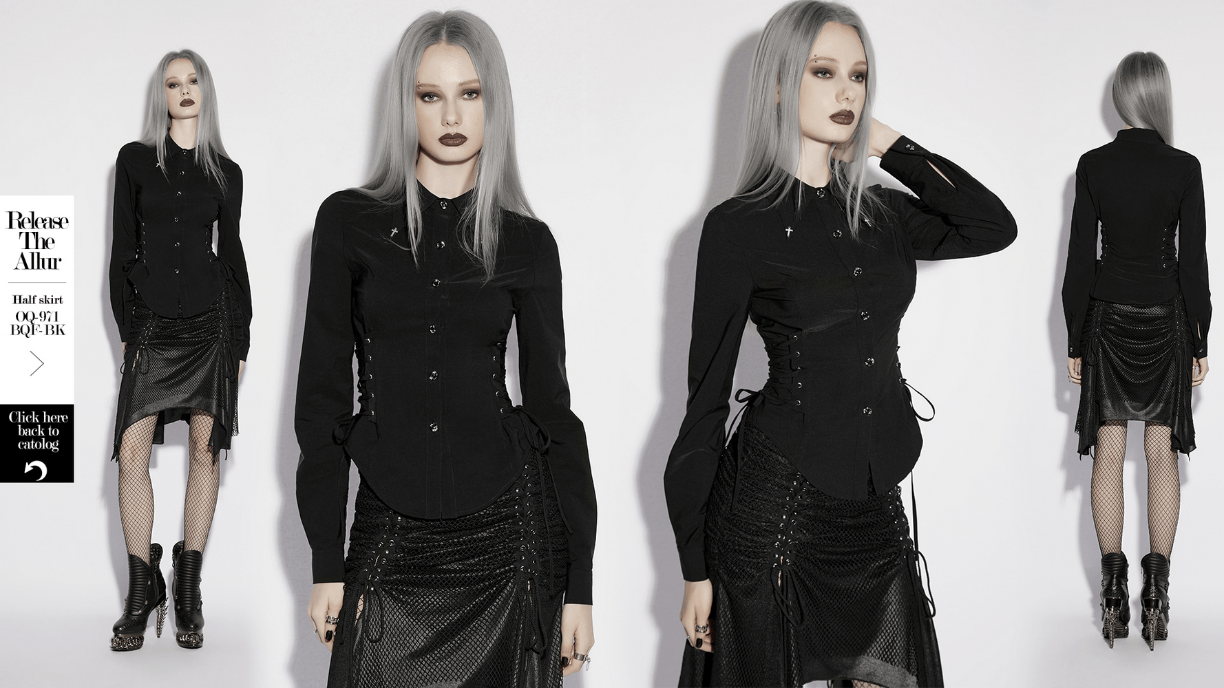 Alt Tag: Dark Stretch Slim Fit Shirt with Crosses on Collar, women’s gothic black button-down with lace-up waist panels and curved hem