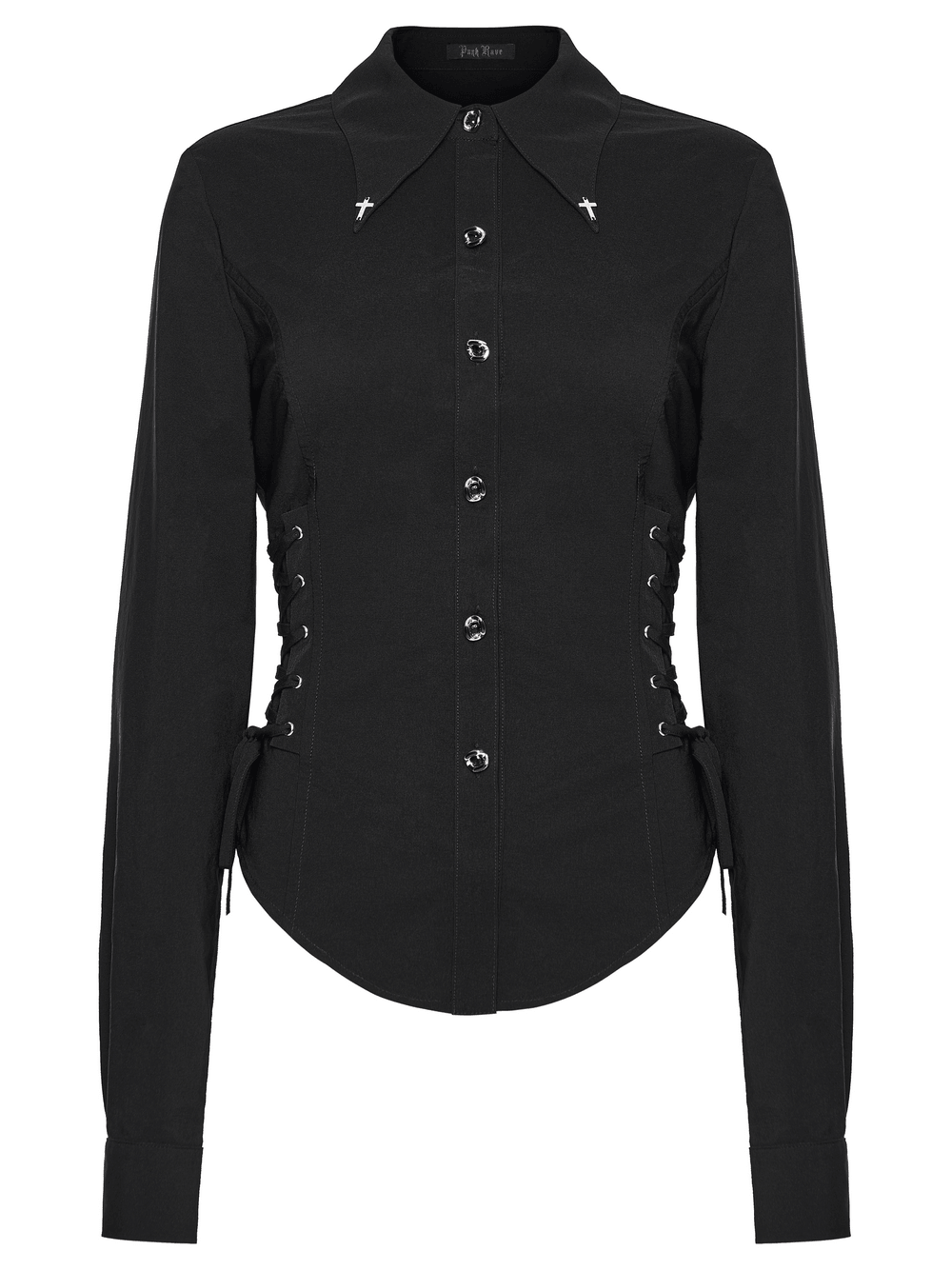 Alt Tag: Dark Stretch Slim Fit Shirt with Crosses on Collar women's black button-down with lace-up waist panels and curved hem
