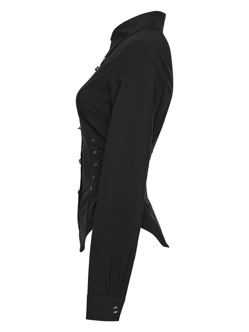 Alt Tag: Dark Stretch Slim Fit Shirt with Crosses on Collar side view black gothic button-down blouse with lace-up waist panels