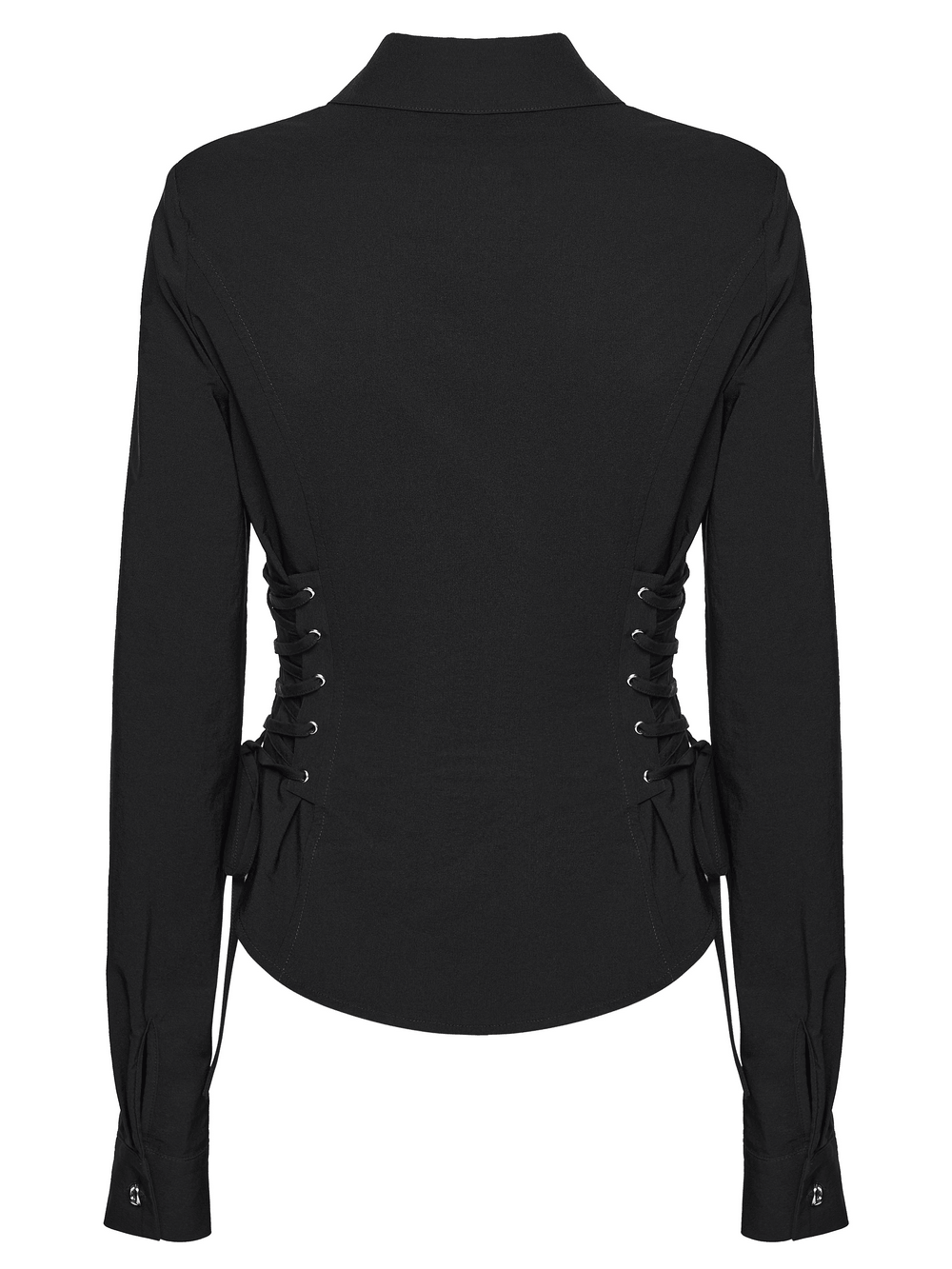 Alt Tag: Dark Stretch Slim Fit Shirt with Crosses on Collar back view, black fitted button-down with lace-up waist panels and long sleeves