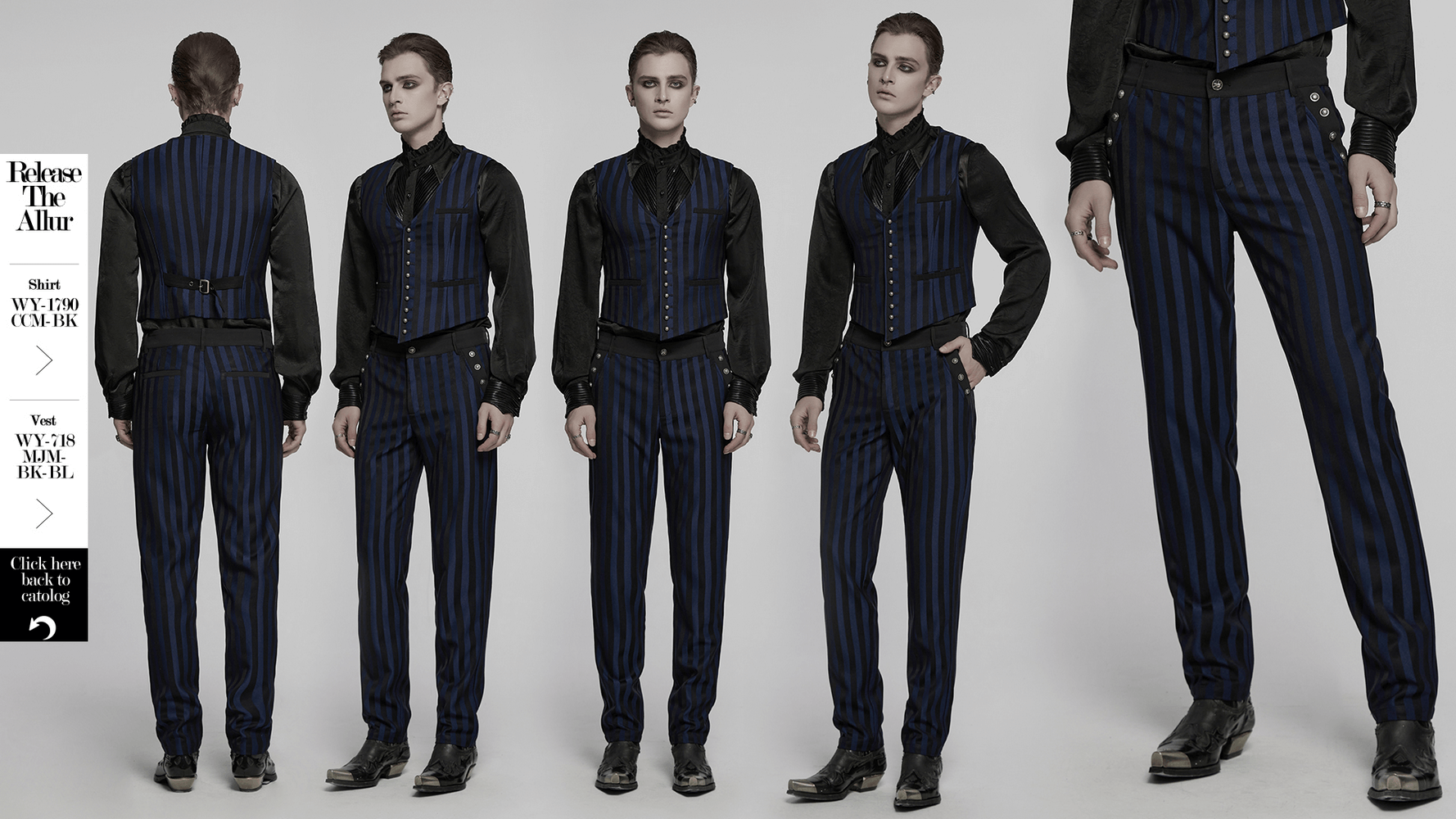 Gothic slim fit trousers with dark stripes and buckles, showcasing a stylish design for alternative menswear.