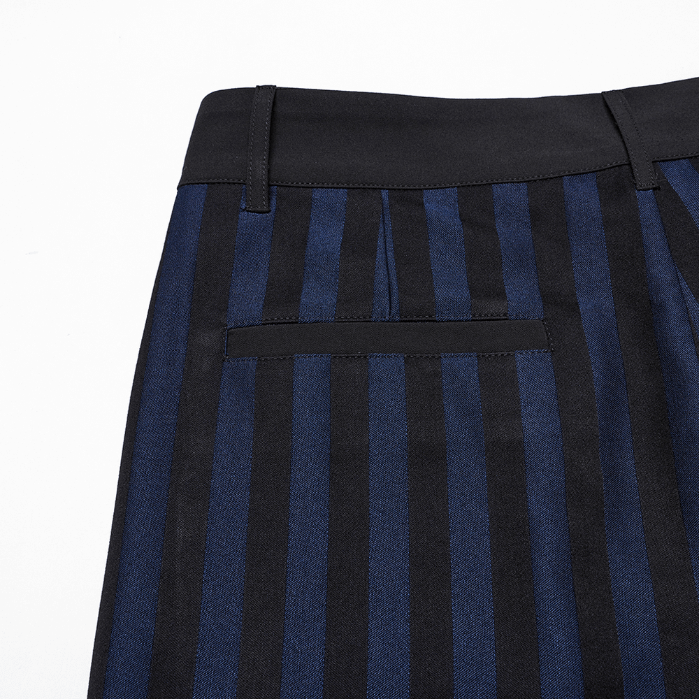 Close-up of dark stripe gothic slim fit trousers showing stylish back pocket detail.