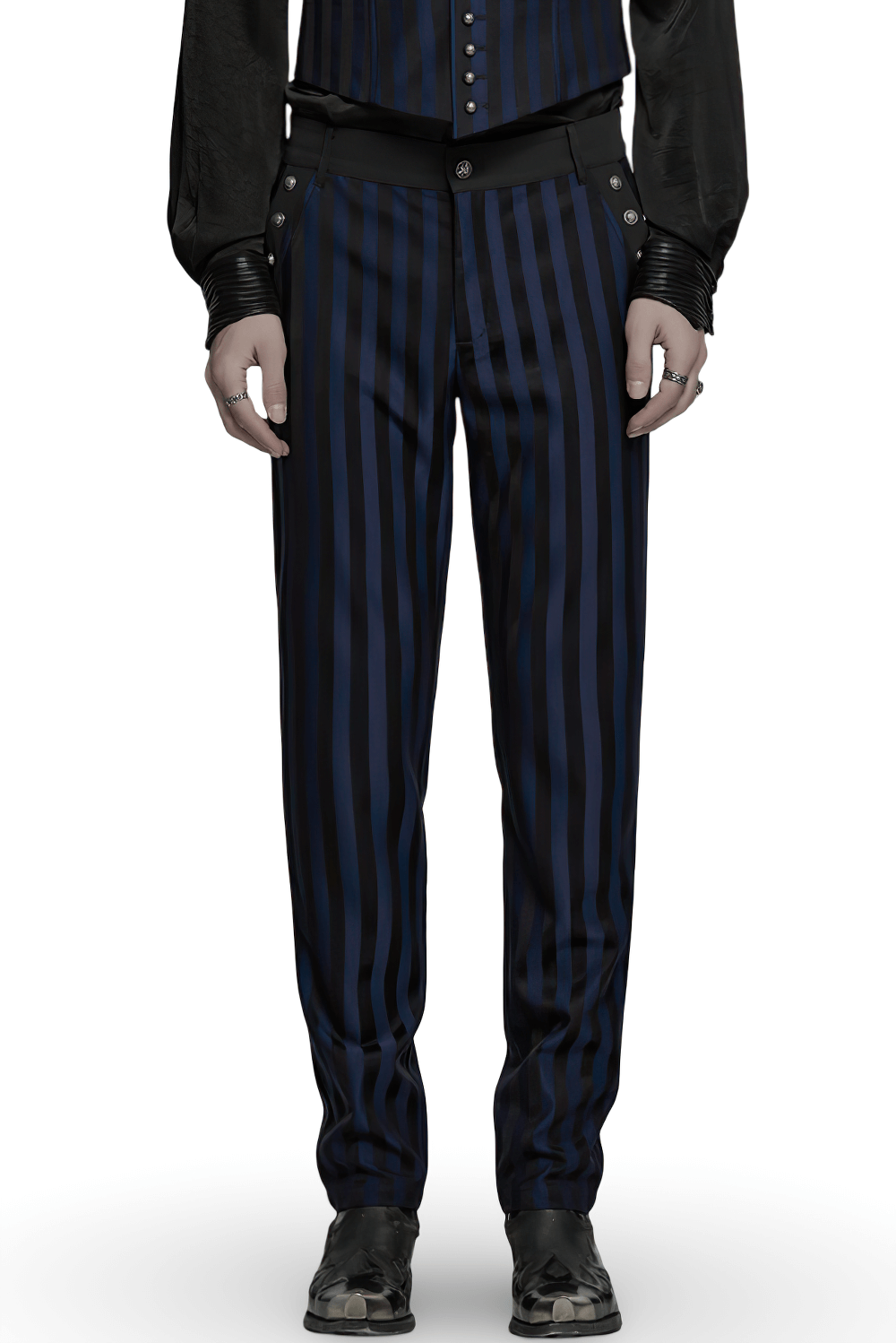 Gothic slim fit trousers with dark stripes and engraved buckles on pockets, exuding dark elegance for alternative menswear.